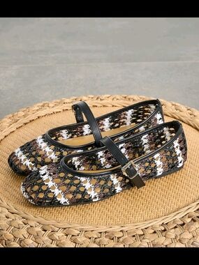 Woven Black, White & Brown Mary Jane Flats with Strap